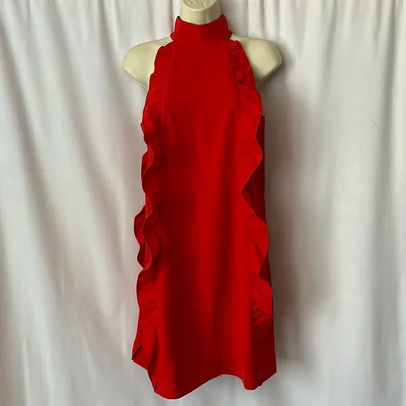 Ted Baker London Sexy Red Sleeveless Mock Neck Ruffled Shift Dress **Sz 0** 🔥🔥 - Picture 1 of 5